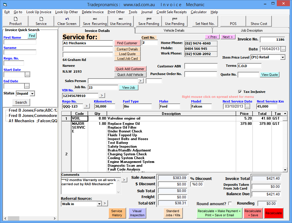 Mechanic Invoice